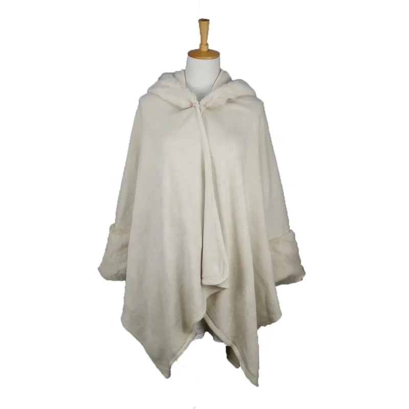 MIO Winter Ladies' Imitate Wool Hoodie Poncho Scarf Shawl Hot Selling with Faux Fur Sleeves for Women Lady