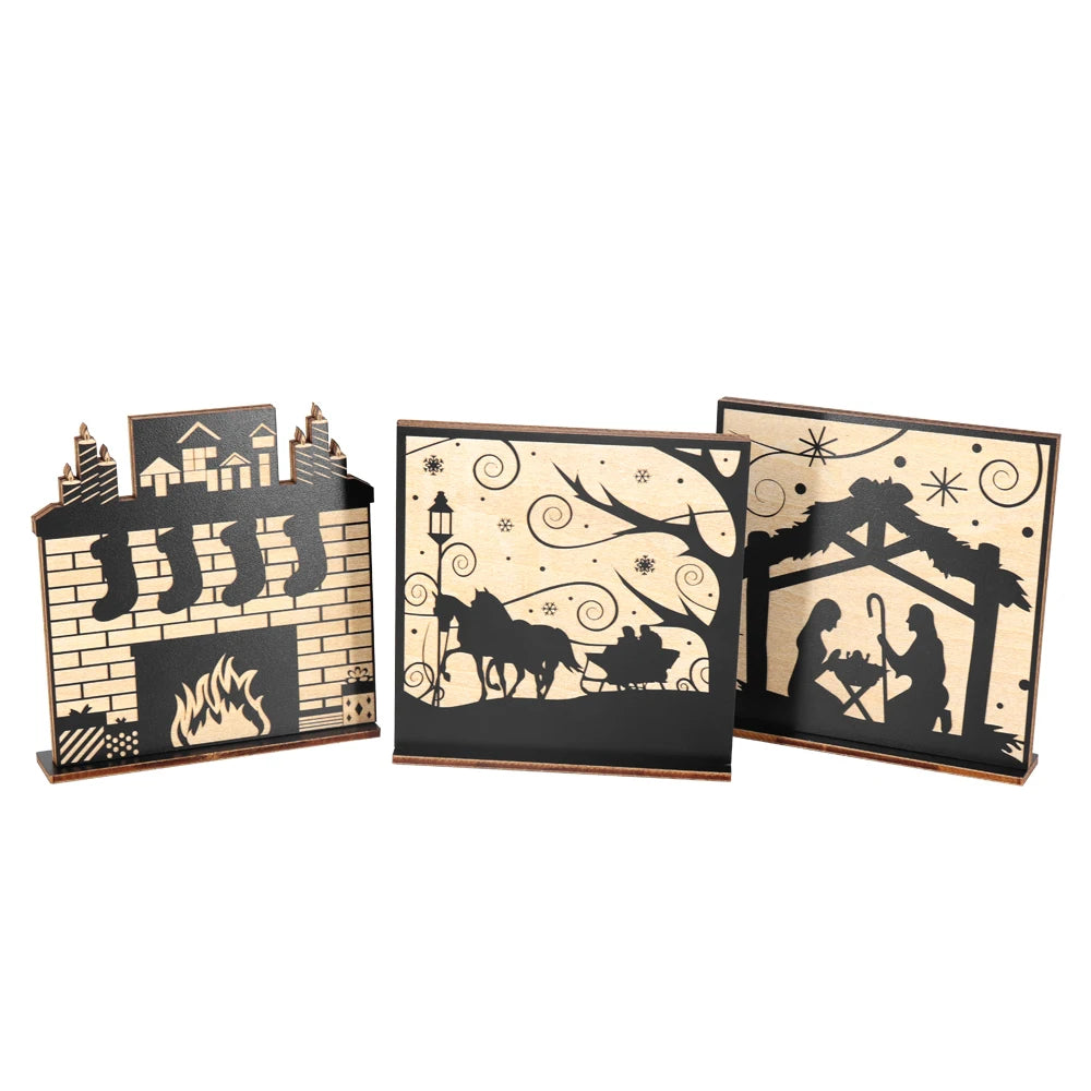 Tailai Small Art Deco Wooden Silhouette Scene Horse-Drawn Sleigh Winter Wonderland Decorative Ornaments