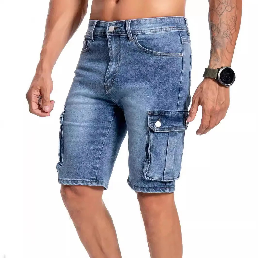 Men's Summer Half Straight Vintage Mid Waist Light Wash Loose Denim Cargo Jean Shorts Outerwear Casual