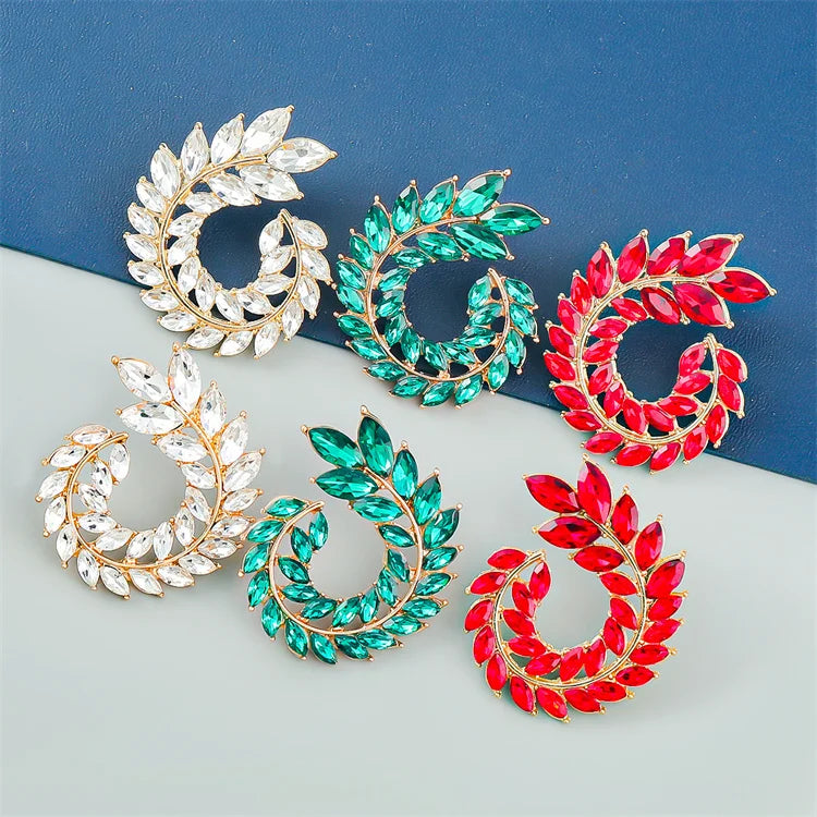 Wholesale Colorful Big Earrings Luxury Crystal Huge Women Bridal Wedding Trendy Zircon Leaf Earrings