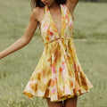 Summer Women Printed Lace up Dresses Backless Hanging Neck Dresses Holiday Short Dresses