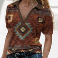 Custom 2026 Summer Casual Vintage Western Aztec Pattern Collared V Neck Short Sleeve Loose T-Shirt Top for Women