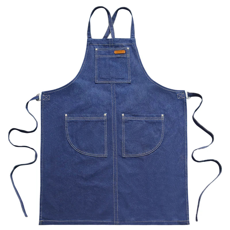 Denim Apron 2 Large Pockets Adjustable Long Webbed Apron Suitable for Both Waiters and Coffee Shop Men and Women Garden Apron
