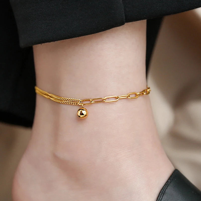 Dainty Stainless Steel Ball Pendant Anklets Foot Jewelry Tarnish Free Double Layer Chain Beach Anklets for Women