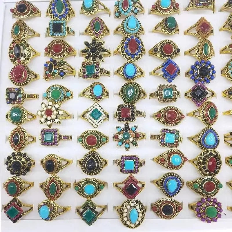 100pcs Batch Woman Colorful Stone Vintage Flower Geometry Finger Rings Mixed Latest Design Charm Jewelry Accessories Boho Ring