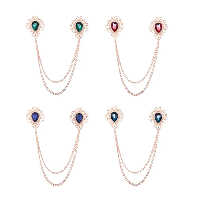 Vintage Brooches Women Water Drops Jewelry Gold Chain Men's Tassel Shirt Collar Decoration Lapel Pin Crystal Brooch Pin Buckle