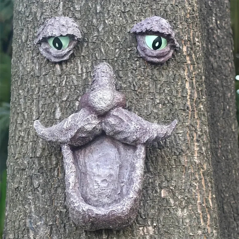 Hot Sale Funny Tree Face Resin Sculpture with Green Eyes & Curly Mustache Realistic Bark Texture for Outdoor Garden Decor