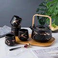 Marbled Household Tea Set Japanese Black White Ceramic Afternoon Tea Cup Acacia Wooden Bottom Teapot Kettle Set