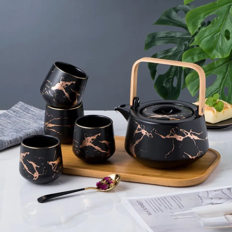 Marbled Household Tea Set Japanese Black White Ceramic Afternoon Tea Cup Acacia Wooden Bottom Teapot Kettle Set