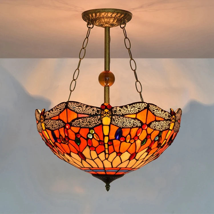 16-Inch Retro American Vintage Red Dragonfly Tiffany Stained Glass Pendant Lamp Upward Light for Restaurant Bar Club Bedroom