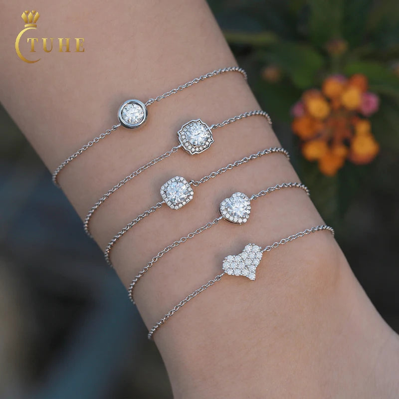 925 Sterling Silver Fine Jewelry Women Love Engagement Valentines Gift Adjustable VVS Moissanite Diamond Charm Bracelet