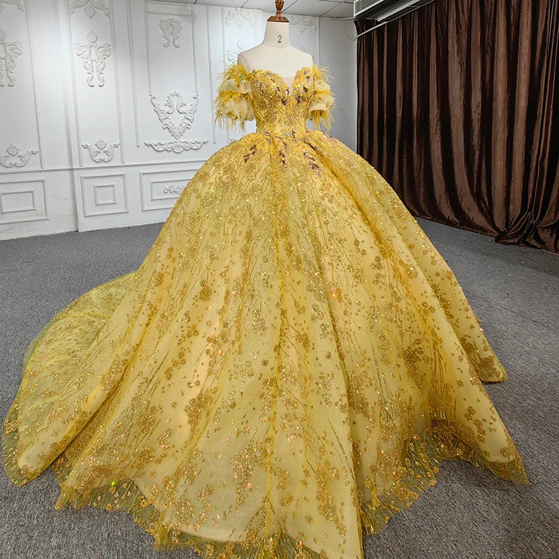 Gorgeous Yellow Off Shoulder Ball Gown Quinceanera Evening Dress Jancember 6540