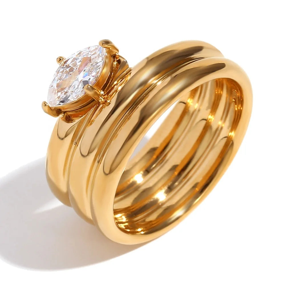 2026 Women Fashionable Multi-Layered  Custom Anti-Tarnish Stainless Steel 18 K Gold Plated Marquise Zircon Ring