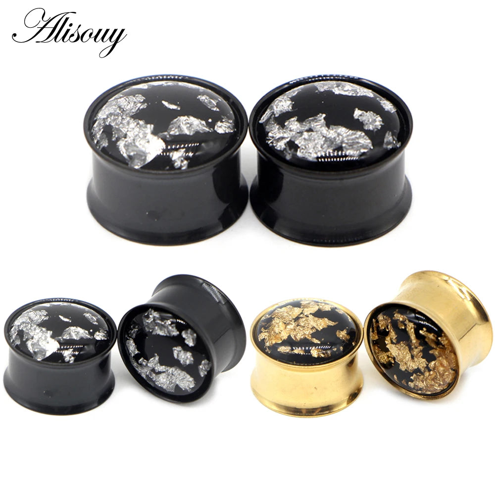 Alisouy 2PC Black Gold Color Ear Piercing Plugs Tunnels Stretcher Expander Stainless Steel Fashion Stud Gauges Body Jewelry