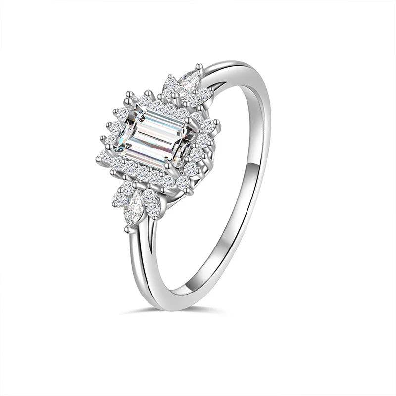 GRA Certified Moissanite Ring 925 Sterling Silver Emerald Cut Gemstone Flower Engagement Wedding Ring