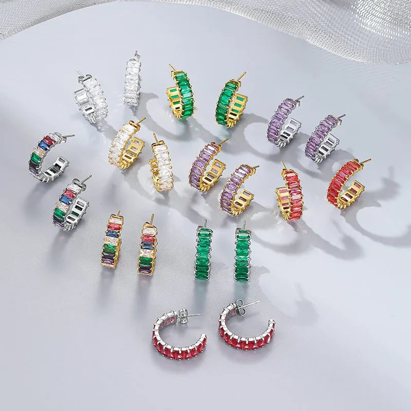 Colorful Cubic Zirconia Earring Non Tarnish Jewelry 14k Gold Plated Stainless Steel Baguette Zircon CC Earrings for Women YF3547