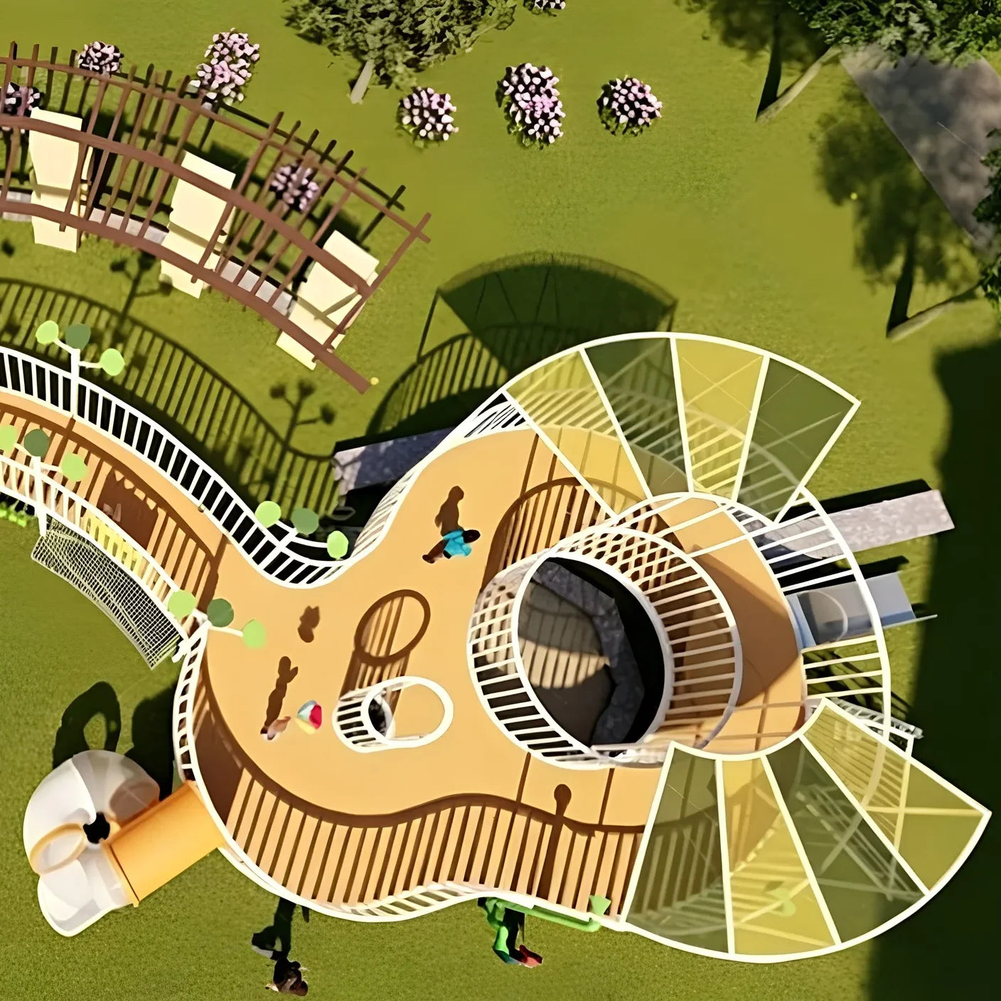 Outdoor Recreational Facilities Featuring a Guitar-shaped Platform Curved Walkway Climbing Net and Slide Suitable for Parks