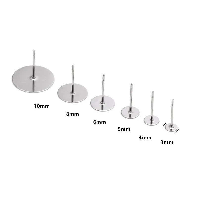100Pcs/Bag Stainless Steel Flat Round Pearl Stud Earrings 3-10mm Base Blank Earring Studs Post for Jewelry Making Accessories