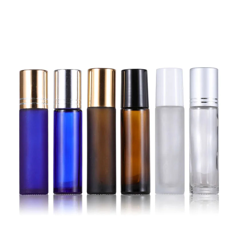 Wholesale Empty 10ml Blue Transparent Amber Frosted  Essential Oil Perfume Glass Roll on Bottles with Silver Golden Black Caps