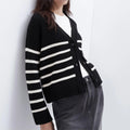 2026 Cardigan Manufacturer Custom White Black Ladies Winter Luxury Soft Cotton Button Striped Cardigan Sweater Women