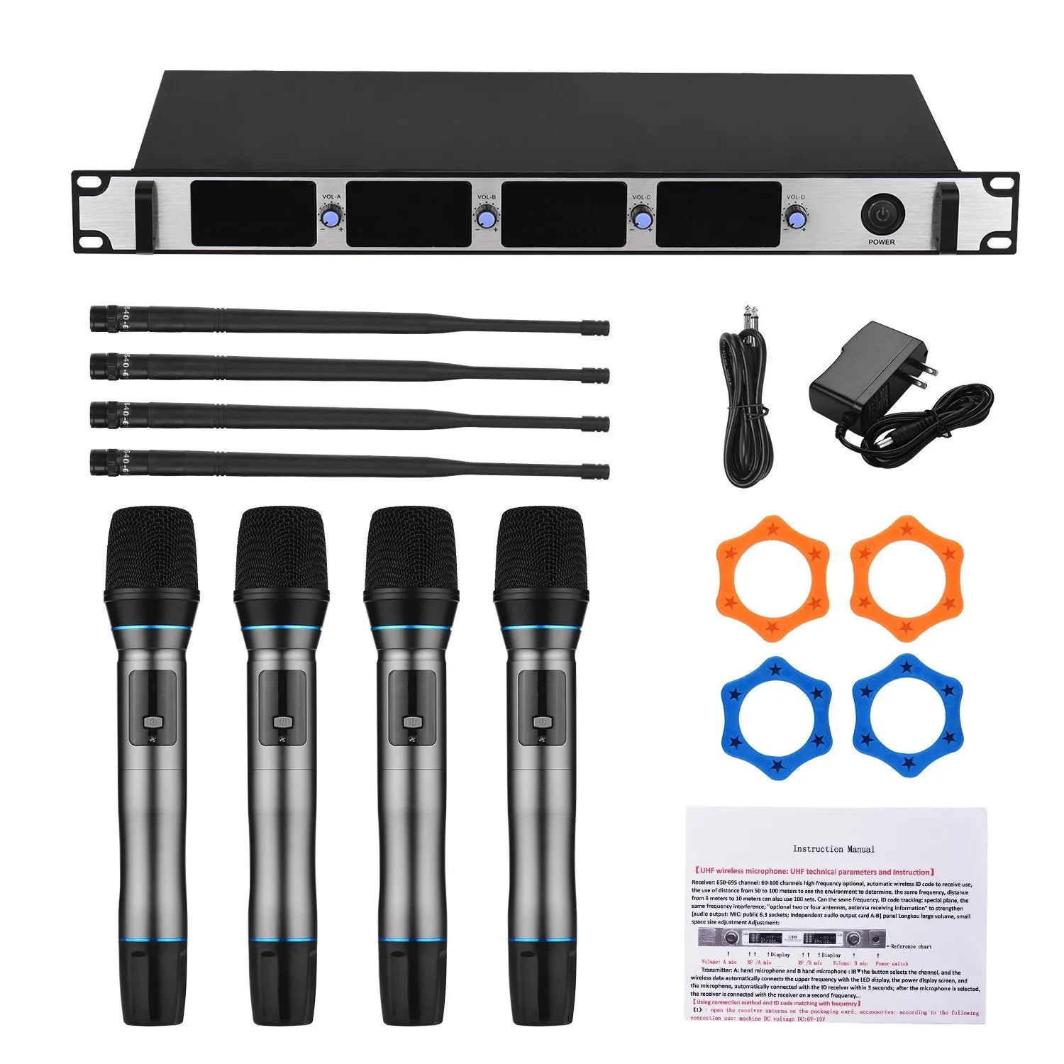 Professional Wireless Microphone System 4-Channel UHF Cordless Mic Set with 4 Handheld Mics & 1 Rack-Mount Receiver for Karaoke