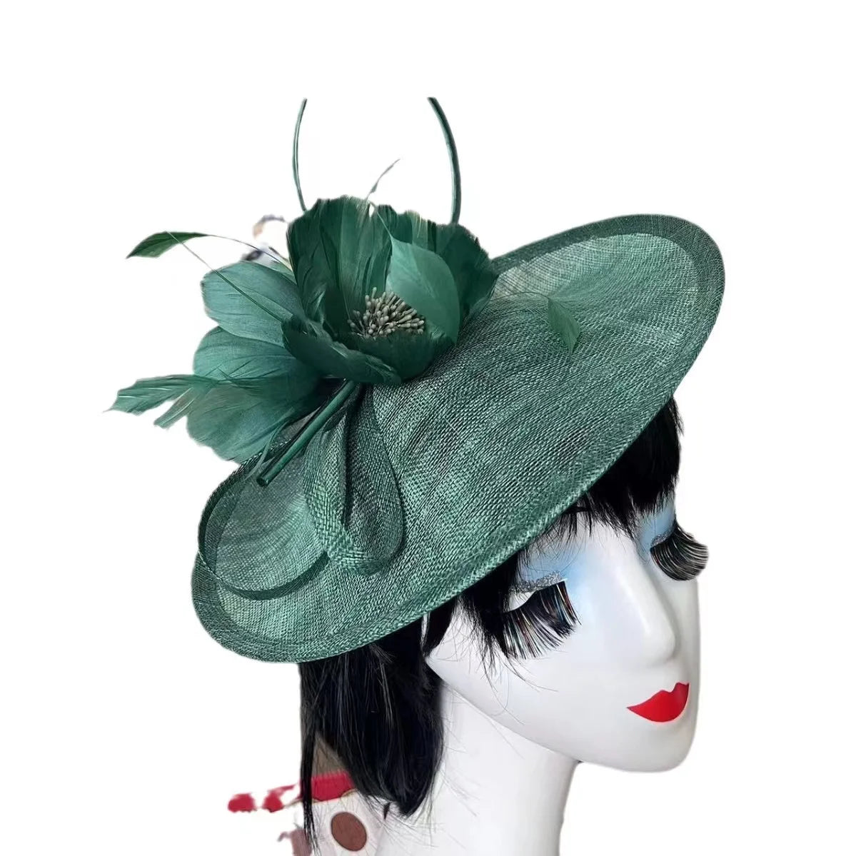 New Arrival Vintage Hemp Yarn Feather Wide Brim Fascinator Hats Wedding Church Derby Sinamay Clip Headpiece  Hairband Headwear