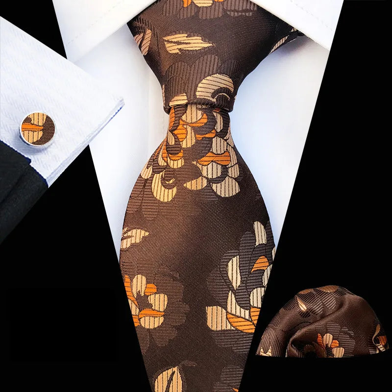 Brown Ties for Men Paisley Floral Neckties Set With Pocket Square Cufflinks Party Wedding Gift Tie Sets Necktie Hanky