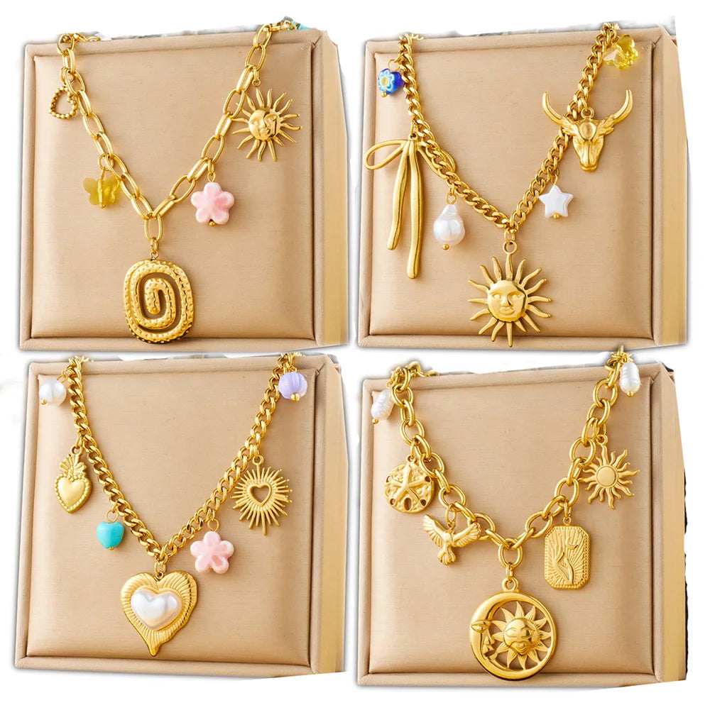 Multi-charms Heart 18k Gold Plated Chains Statement Necklace Jewelry Women Stainless Steel Fashion Pendant Chokers Necklaces