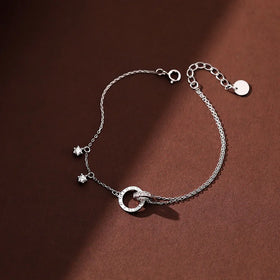 Hot Sale Pure 925 Sterling Silver Thin Chain Crystal Roman Double Circle Charms Bracelets for Women Girls