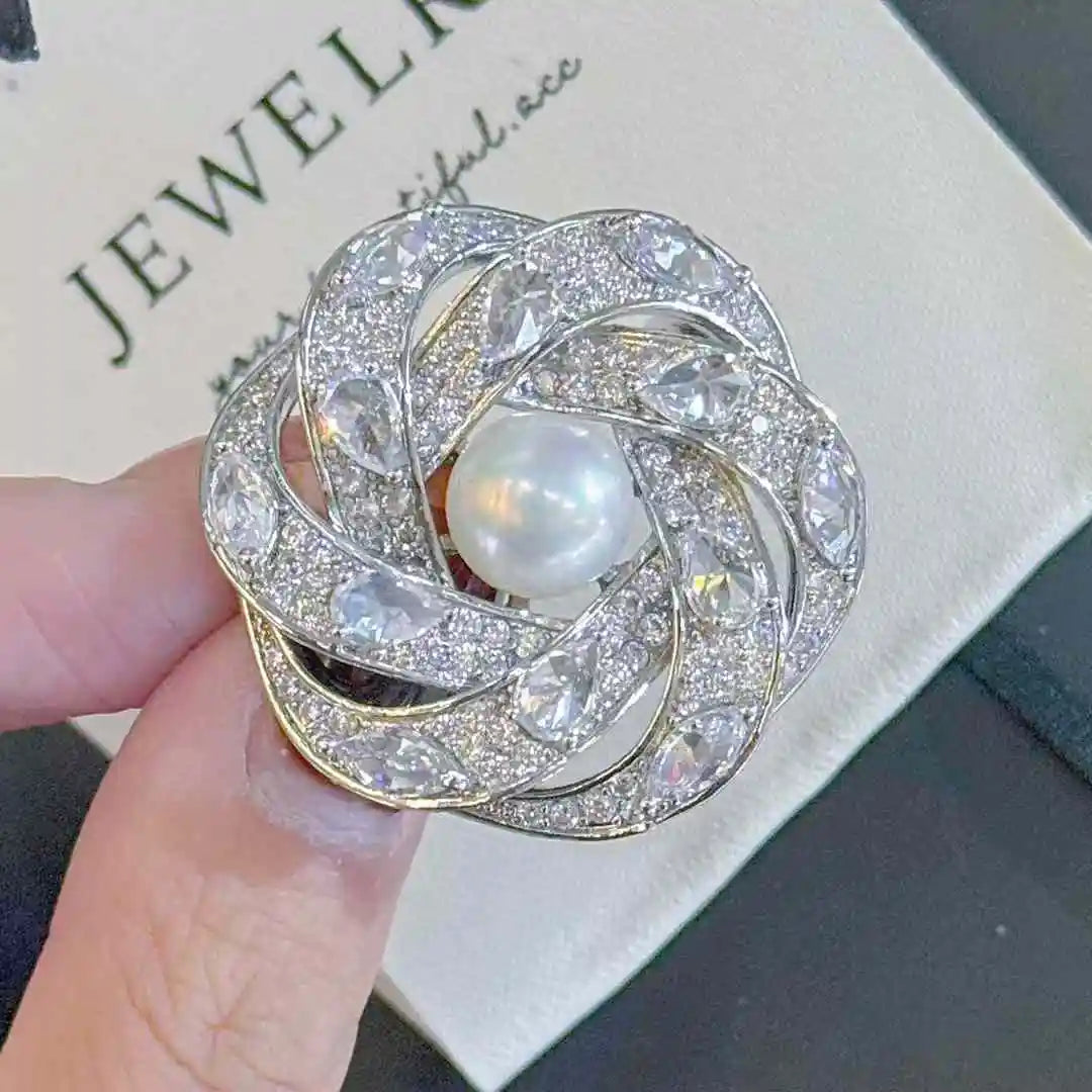 Rich Camellia Brooch with 10-11mm Natural High Quality Freshwater Pearl Zircon Pearl Chest Jewelry for Women