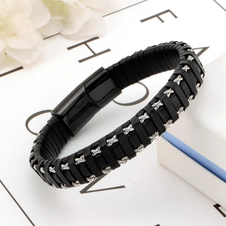 Wide Wristband Jewelry Black Leather Chain Braid Bracelet Magnetic Clasp Custom Accept MegaBDM