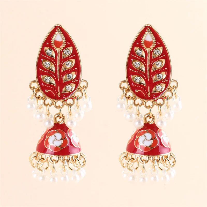 Exotic Pearl Tassel Jewelry Jumka Bollywood Kundan TraditionaL Jhumka Indian Gold Plated Enamel Dangling Earrings for Women