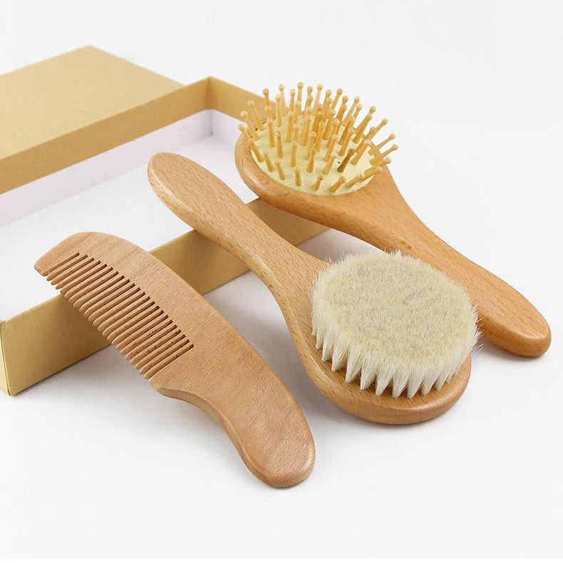 Hot 3 Pcs Wooden Baby Hair Brush and Comb Set with 4 Ultra Soft Natural Goat Bristles for Newborns Toddlers Prevents Cradle Cap