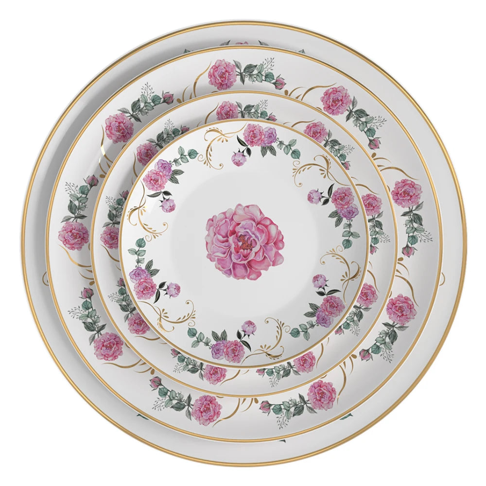 New Season Forest Series Pattern Round Dinnerware Set Ceramic Dinner Plates with Gold Rim for Hotel Home Decor