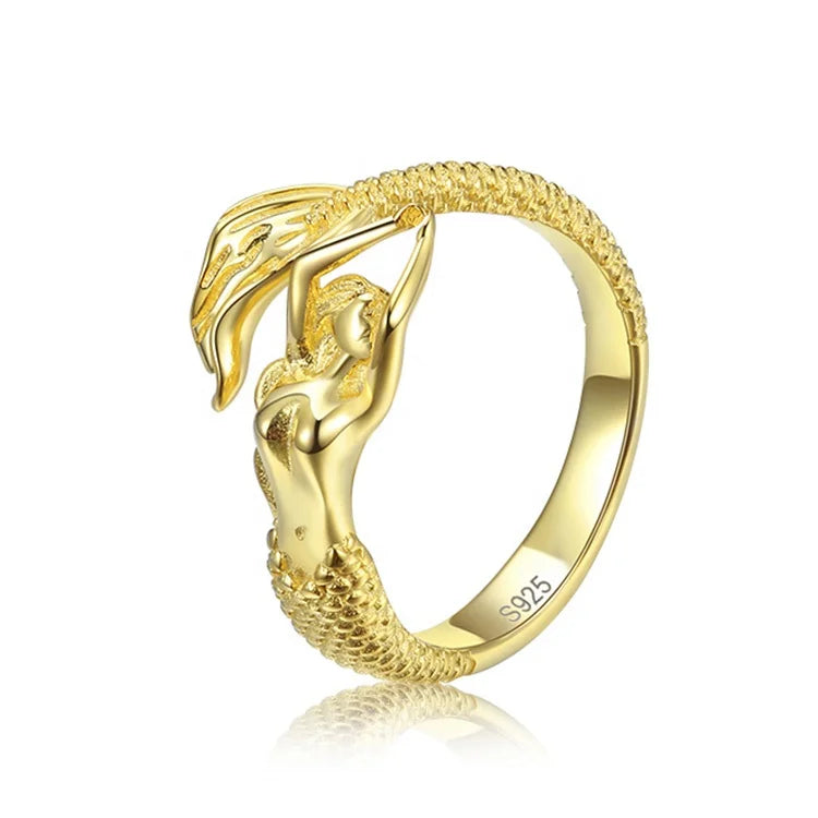 Mermaid Adjustable Cocktail Ring Sterling Silver Fairytale Little Mermaid Open Wrap Ring  for Woman Girls Wife
