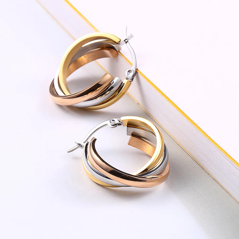 Anqiya Latest Fashion Product Different Colored Hoop Earring High Polished Charm Three Color Steel Korean Hoop Earrings