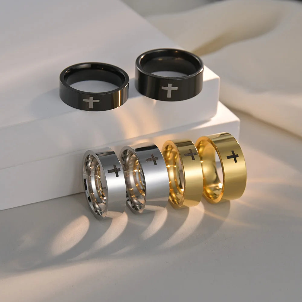 2023 Hot Selling Classic Cross Rings 6mm 8mm Marked Finger Men Ring Simple Cross Stainless Steel Ring for Women Men Gifts