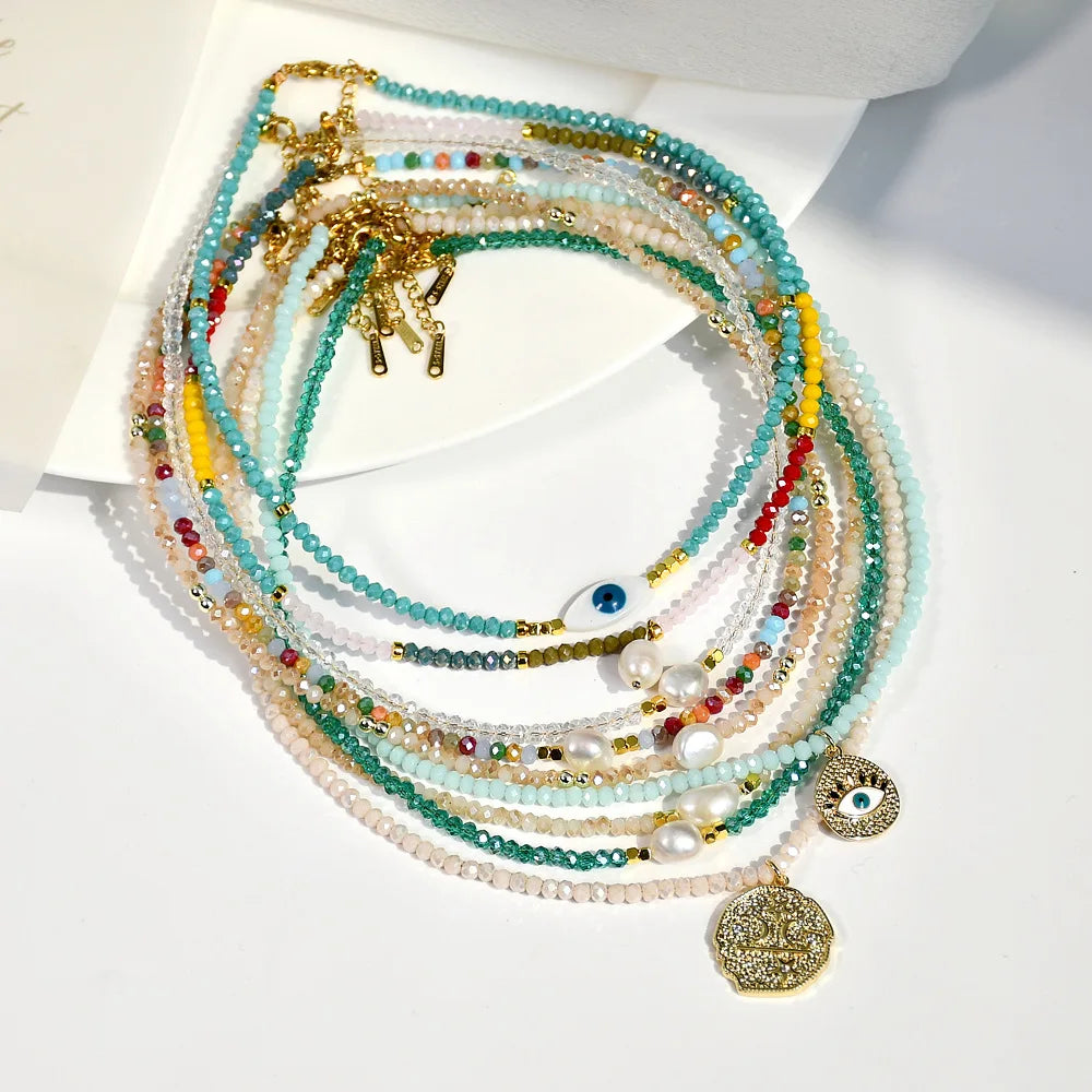 Beach Jewelry Natural Real Freshwater Pearl Summer Bright Colorful Glossy Facet Crystal Beads Necklace