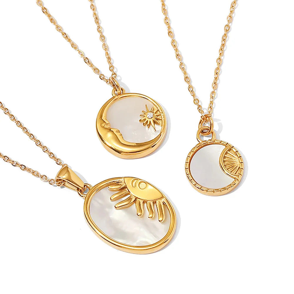 INS Stainless Steel White Shell Sun Necklace 18K Gold Plated Oval Sun Moon Shell Pendant Necklace