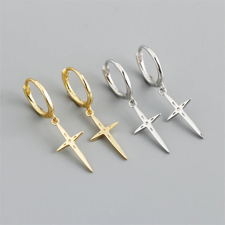 Fashion 925 Sterling Silver 18k Gold Plated Glossy Cross Pendant Hoop Earrings for Women