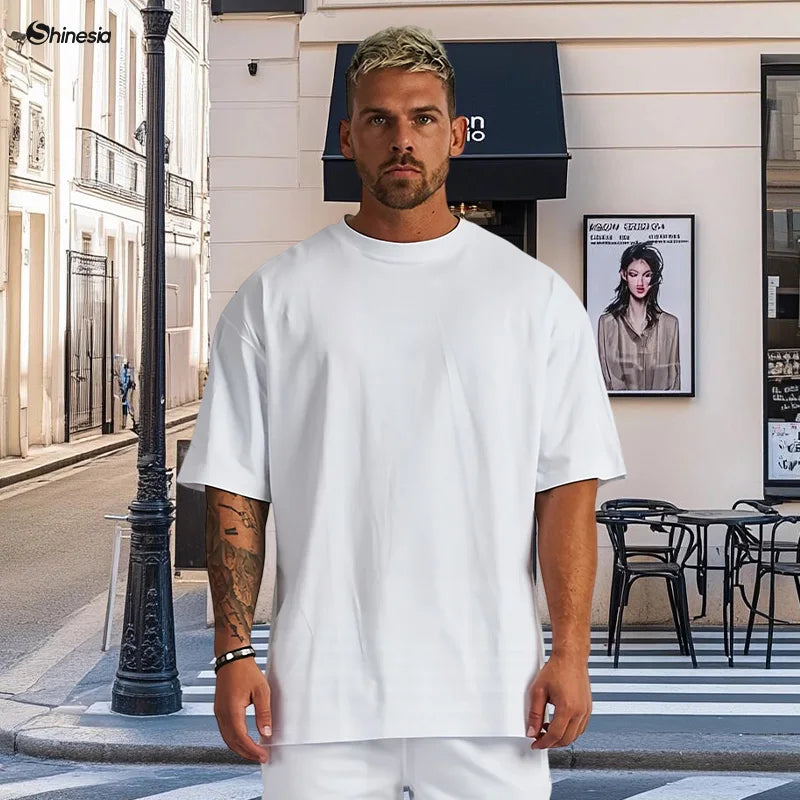 Mock Neck Short Sleeve Drop Shoulder Oversize 100% Cotton Mens Tshirt Boxy Fit Organic Cotton Tee Blank Plain Print T Shirt