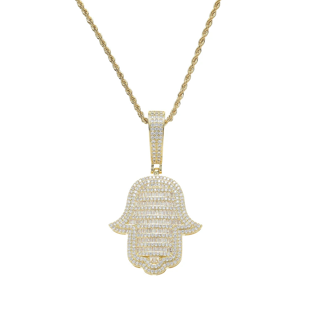 CN442 Iced Hip Hop Jewelry Hand Shape Pendant Necklace Brass CZ Stone for Party Gift
