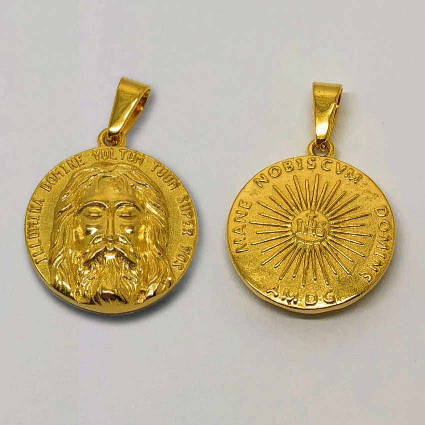 Vintage Jesus Cross Charm Crucifix Necklace Gold Stainless Steel IHS Catholic Jewelry Round Protection Amulet Pendant