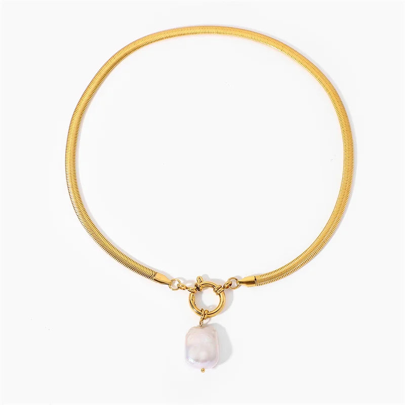 Fashion Women Jewelry Elegant Pearl Pendant 18K Gold Stainless Steel Snake Chain Choker Necklace