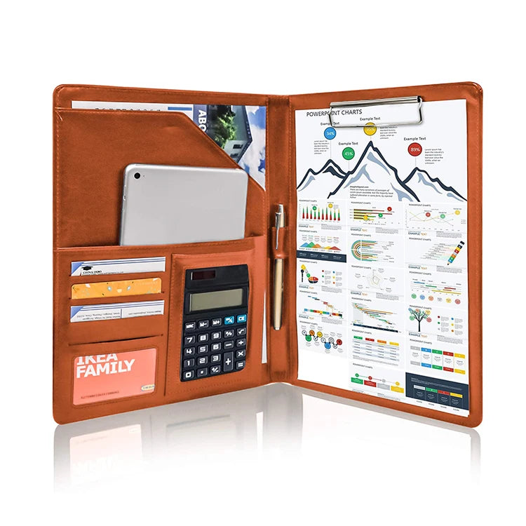 Customized Office A4 PU Leather Organizer File Padfolio Document Folders with Clipboard