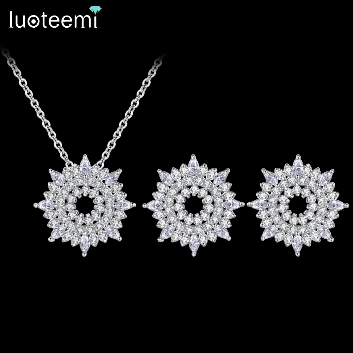 LUOTEEMI Cz Charm Pendant Earring Flower Shape Woman Necklace Accessories Lady Iced Out Delicate Jewelry Set