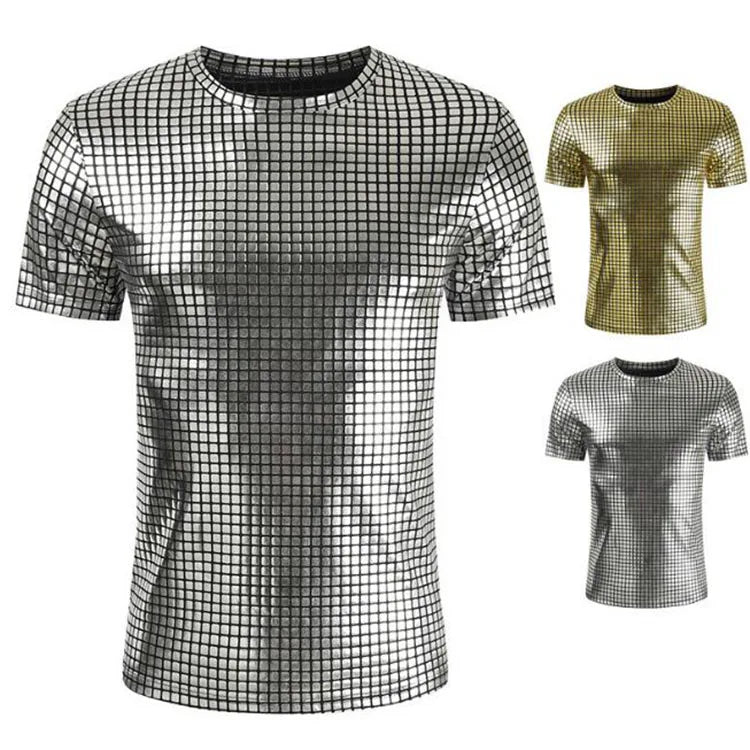 Night Club Wear Mens T-Shirts Shiny Metallic Tshirt Mens Shorts Sleeve T Shirt for Disco Party Casual Round Neck Stage Show Tops