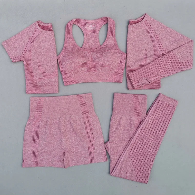 Hot Sale Seamless Yoga Suit 5 Piece Sports Shirts Crop Top Leggings Sport Set Tracksuit Workout Gym Fitness Sets