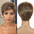 Real Photo Brown Short Pixie bob Synthetic Wig Natural Layered Wig with Bangs Suitable for Both Men and Women