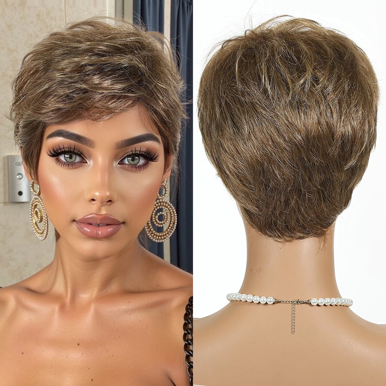 Real Photo Brown Short Pixie bob Synthetic Wig Natural Layered Wig with Bangs Suitable for Both Men and Women